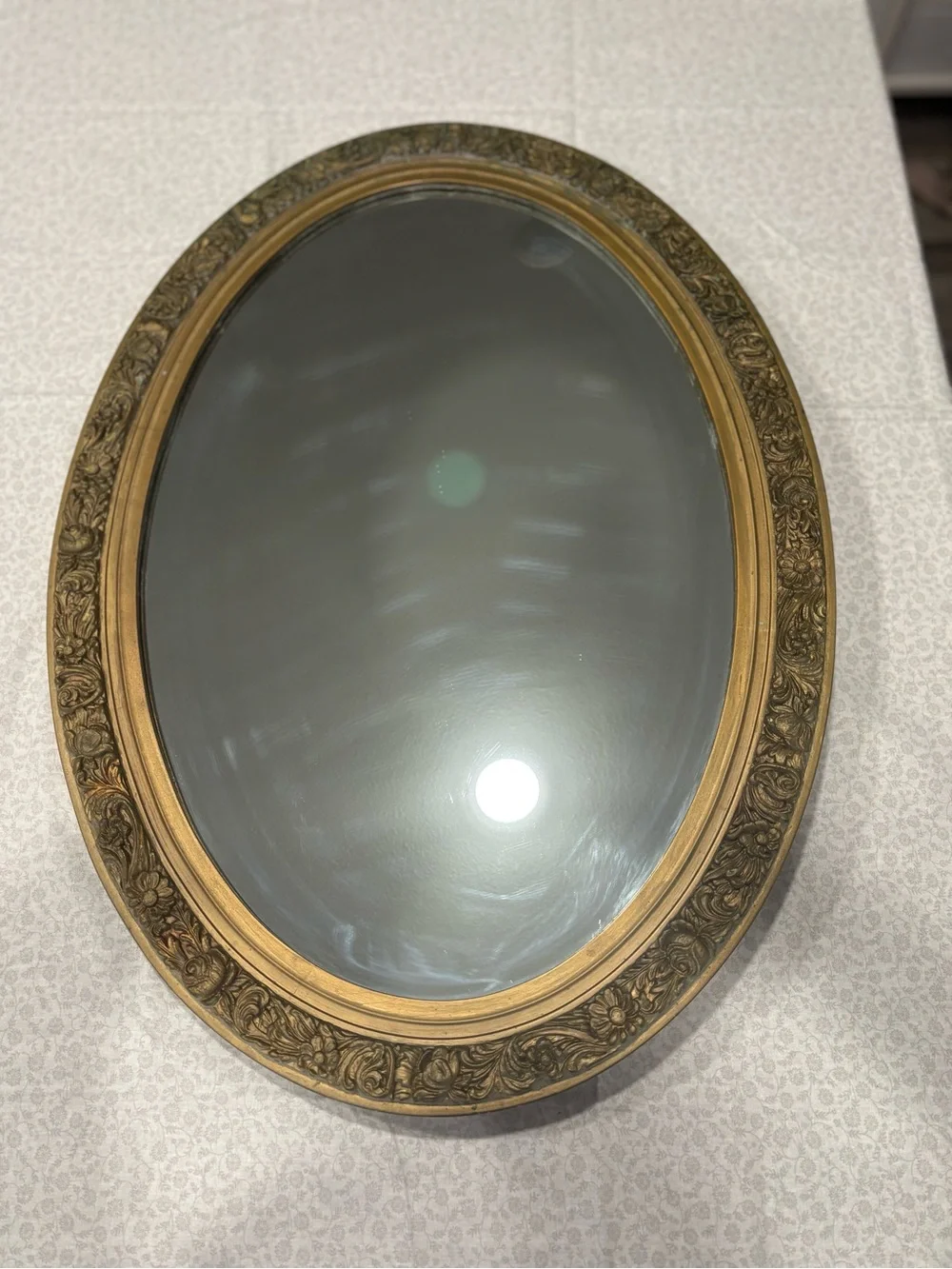 Antique Ornate Gold Medicine Cabinet Door Oval Mirror VTG 20x28 Regency Floral